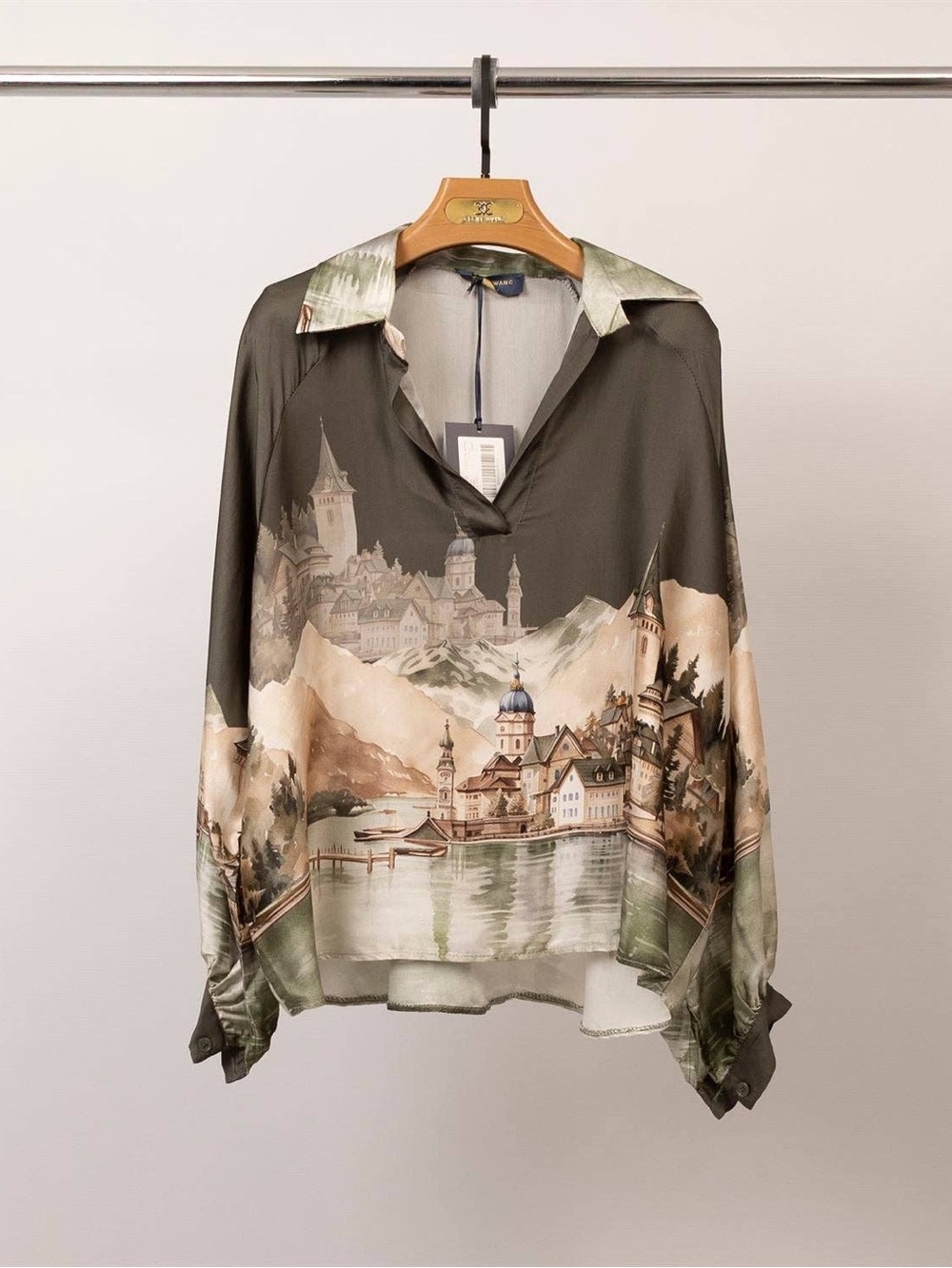 Made in Italy-Silk Scenic Print Long-Sleeve Blouse - Olive Green